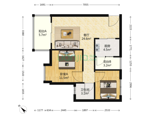 上游小区北区 2室1厅1卫 72平方