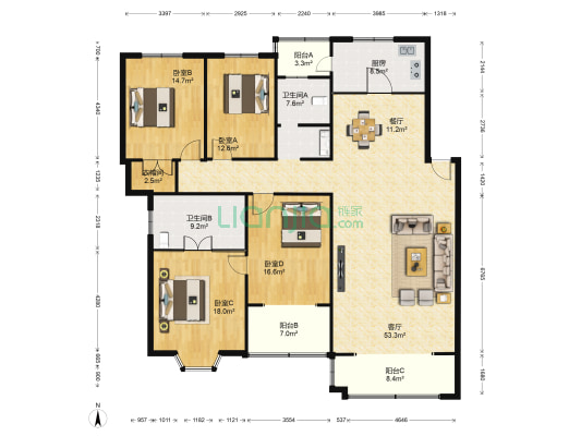 人和花园 4室2厅2卫 192平方