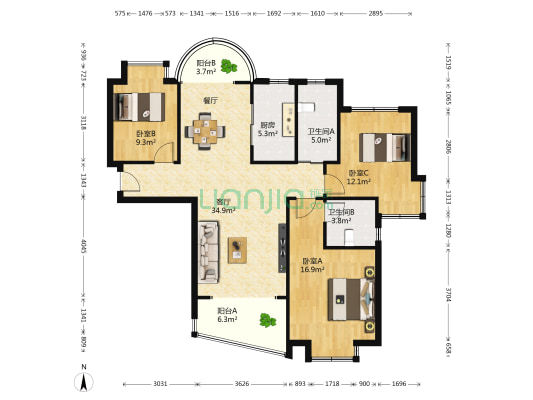 东城一品 3室1厅2卫 119平方