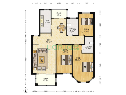 江南明珠苑 3室1厅2卫 123平方