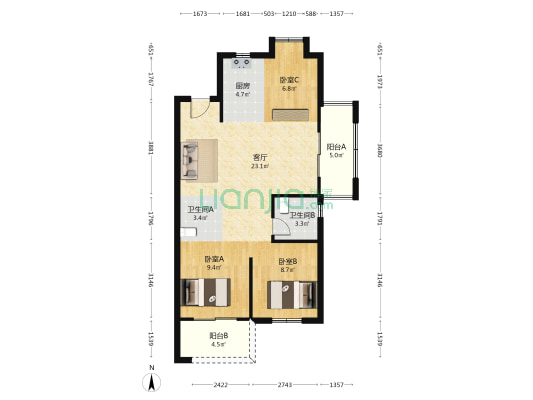 花满庭 3室1厅2卫 90平方