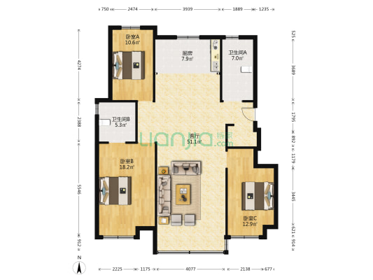 龙湖·天宸原著 3室1厅2卫 134平方
