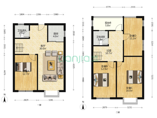 双层设计 2卫 4居室 15号楼 满二 次顶层 拎包入住-户型图