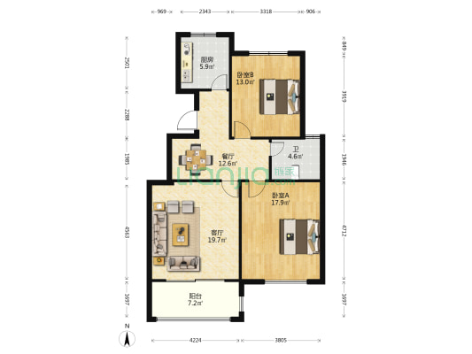 金凤城 2室2厅1卫 105平方