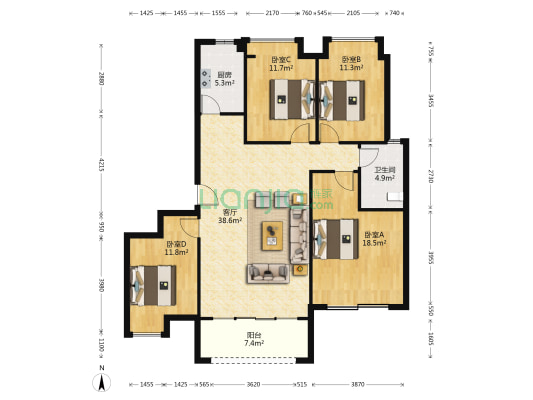 明豪澜庭 4室1厅1卫 131平方