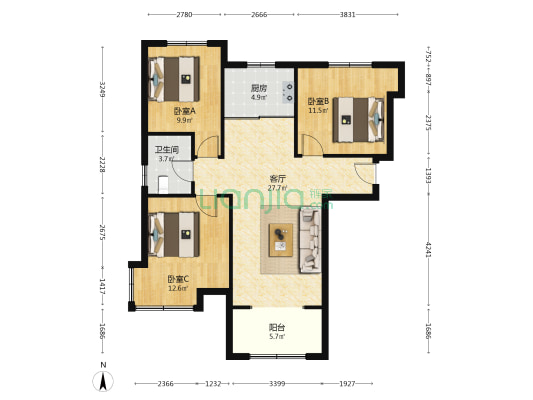 鹏渤印象城牛津花园 3室2厅 南 北-户型图
