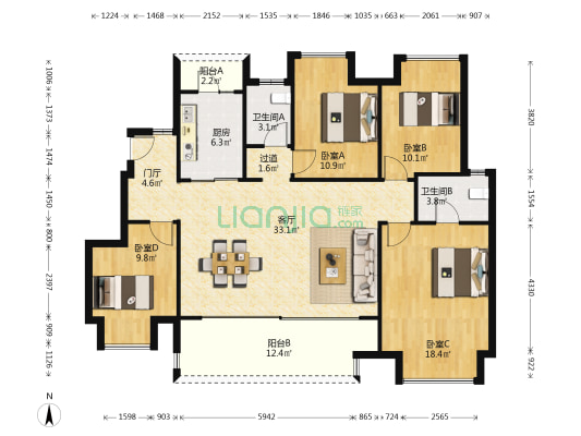 远洋山水赋二期 4室1厅2卫 126平方