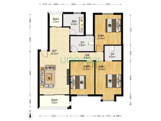 林语棠二期 3室1厅2卫 108平方