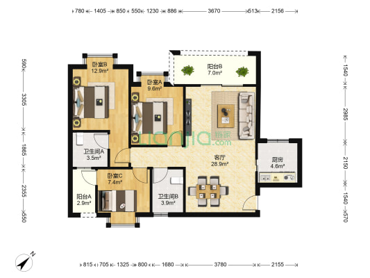金沙诚筑 3室1厅2卫 96平方