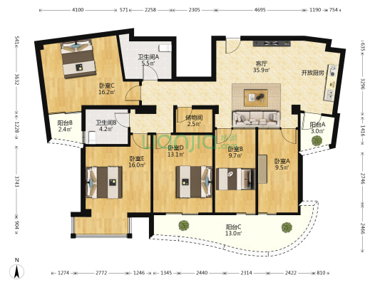 水岸豪景 5室1厅2卫 160平方