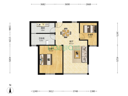 金沙旺角 2室1厅1卫 86平方