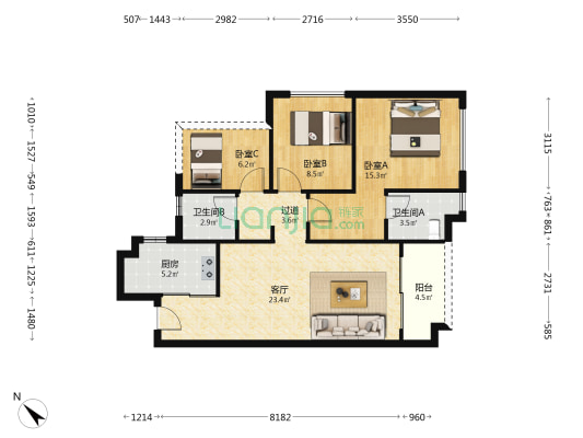 中铁诺德·阅泷 3室1厅2卫 87平方