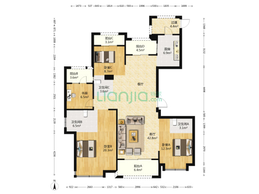 复地御溪雅苑二期 4室1厅3卫 173平方