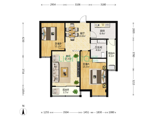大唐人家 2室2厅1卫 87平方