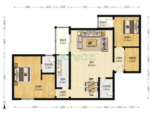 中兴家园 2室1厅2卫 136平方