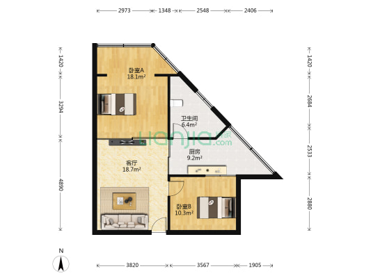 环城北路1号 2室1厅1卫 78平方