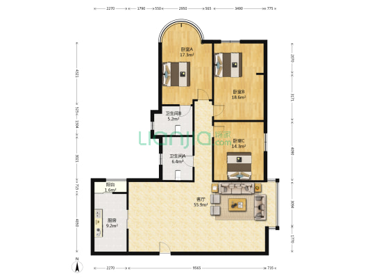 苏美中心 3室1厅2卫 174平方