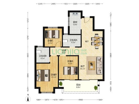 昆明安宁吾悦广场 3室1厅2卫 110平方