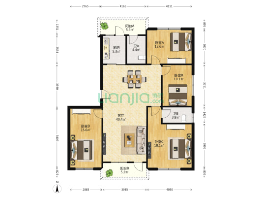友合花园 4室1厅2卫 159平方