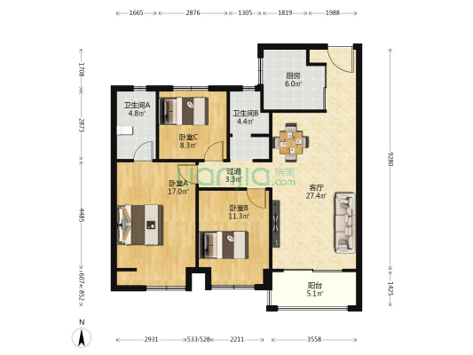 洺悦华府 3室1厅2卫 113平方