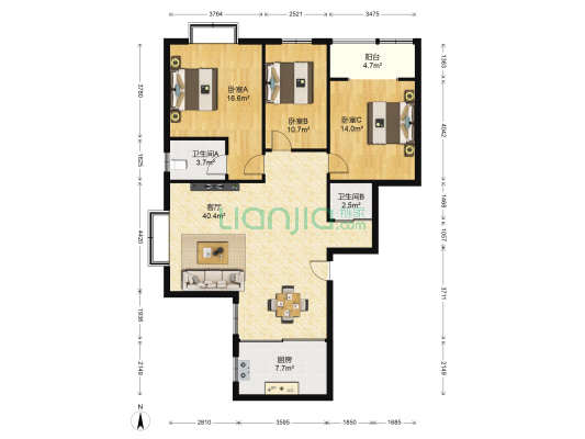 建大洋房 3室1厅2卫 131平方