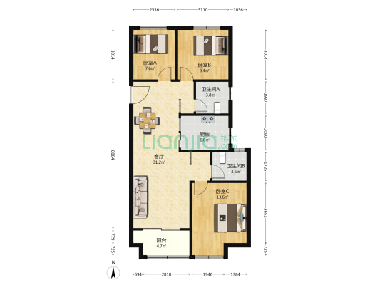 河畔雅居 3室1厅2卫 117平方