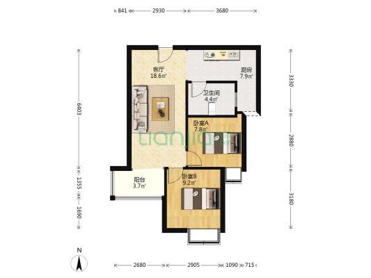 房子中间楼层毛坯房，户型方正没有浪费空间，集中供暖-户型图