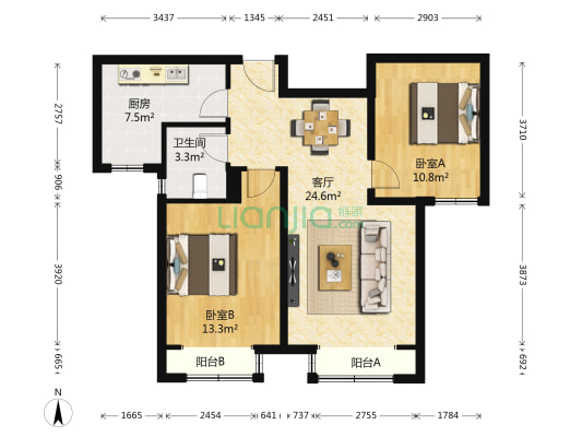 马赛公馆 2室1厅1卫 84平方