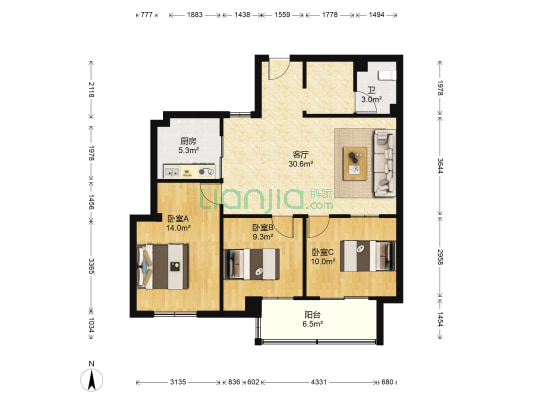 东方湾邸 3室1厅1卫 99平方