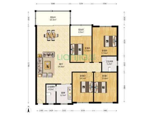太阳桥建材市场 4室1厅2卫 156平方