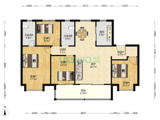 和锦南园 4室1厅2卫 142平方