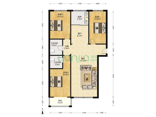 百和兴小区 3室2厅2卫 131平方