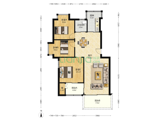龙瓯景园 3室1厅1卫 88平方
