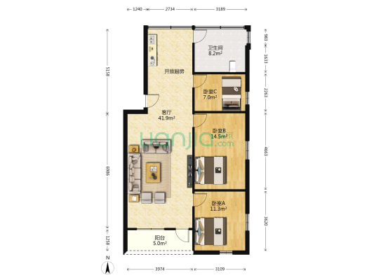 捷进二路 3室1厅1卫 91平方