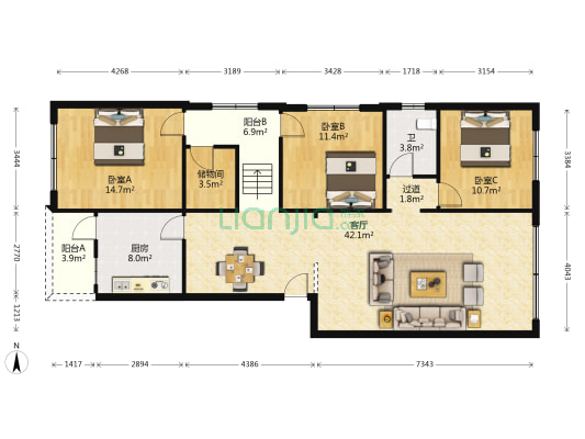 田园丽景 3室1厅1卫 130平方