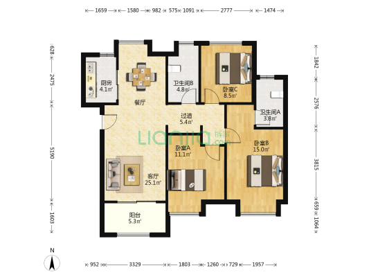 国贸天峯 3室1厅2卫 111平方