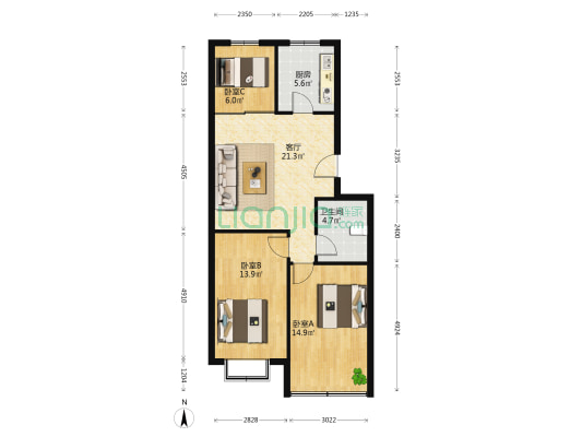 窝洛村东山小区 3室1厅1卫 84平方