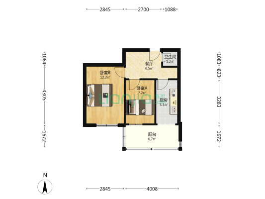 半导体宿舍 2室1厅1卫 45平方