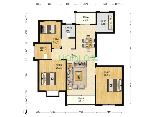 翰林华府(大丰区) 3室1厅1卫 130平方