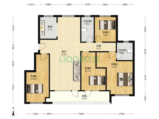 蓬莱中骏世界城 4室1厅2卫 136平方