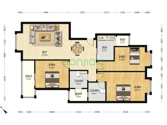 盛世华庭A区 3室1厅2卫 121平方
