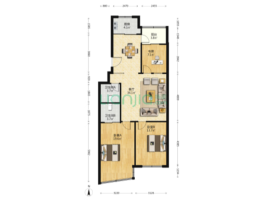 幸福住宅二区 3室1厅2卫 115平方