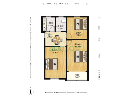 曙航苑 3室1厅1卫 72平方