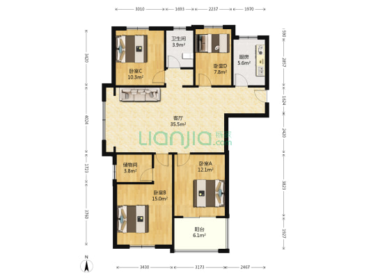 河畔家园B区 4室1厅1卫 127平方