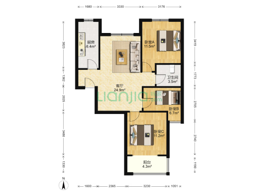 房本满二，南北通透三居，高楼层，采光好-户型图