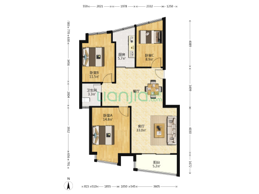 金域蔚蓝家园 3室1厅1卫 92平方