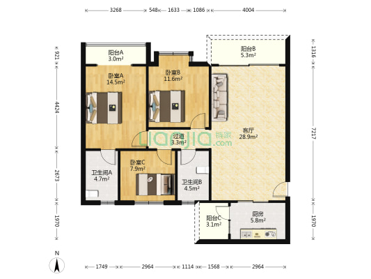阳光棕榈园 3室1厅2卫 99平方