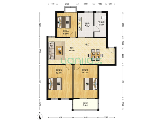 华德大唐花苑 3室1厅1卫 115平方