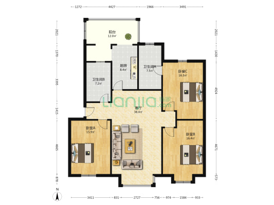 蓝天商住楼 3室1厅2卫 140平方