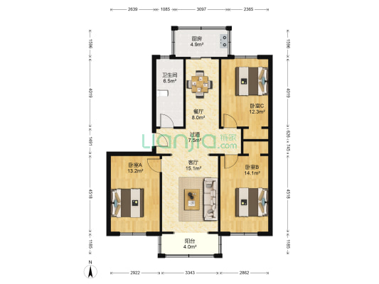 亨通花园东区北里 3室2厅1卫 107平方
